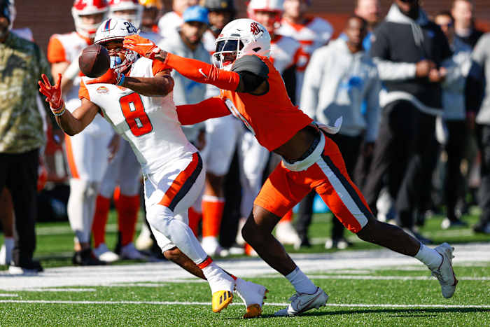 Feb 5, 2022; Mobile, AL, USA; National Squad cornerback Jaylen Watson of Washington State (0) breaks up a pass intended for American squad wide receiver Jalen Tolbert of South Alabama (8) in the first half at Hancock Whitney Stadium. Mandatory Credit: Nathan Ray Seebeck-USA TODAY Sports